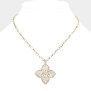 14K Gold Plated Mother of Pearl Clover Pendant Necklace CZ Stone Women Fashion